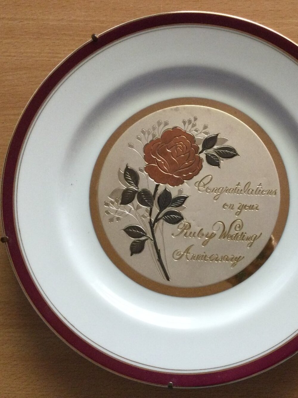 Chokin Japan Ruby Wedding Anniversary wall Plate Red Rose metal hanger 9"